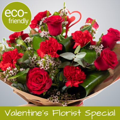 Valentine's Day Flowers: Smooch - Roses & Carnations | The Floral Box - Send a Smooch this Valentine's! Combination of 6 red Naomi roses & 6 vibrant carnations. Hand-arranged & beautifully presented. Order now for delivery or collection in Darlington