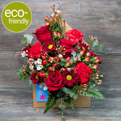 Red Rose Valentine's Gift | Sealed With A Kiss | The Floral Box - Three rich red roses nestled amongst stunning seasonal blooms, presented in a unique envelope box. "Sealed With A Kiss" is the perfect romantic Valentine's gift. Darlington florist