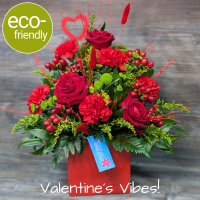 Unique Valentine's Flowers | Valentine's Vibes | The Floral Box - Unique Valentine's arrangement with 3 red roses, seasonal blooms, and dried flowers in a trendy box. Order Valentine's Vibes for delivery or click & collect in & around Darlington